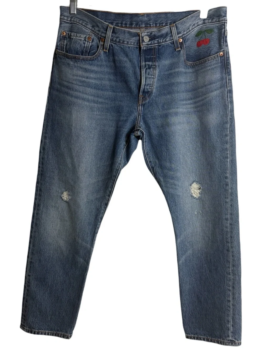 LEVI'S 501 High-Rise Distressed Straight-Leg Jeans Size 10 -- EMBROIDERED CHERRY